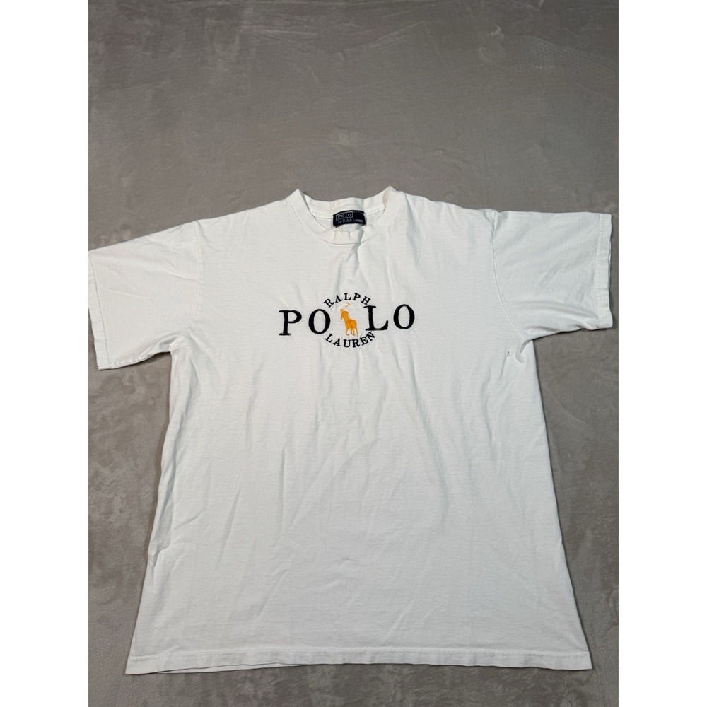 Vintage 80s 90s Polo Ralph Lauren T Shirt Size XL White Gold Pony RARE
